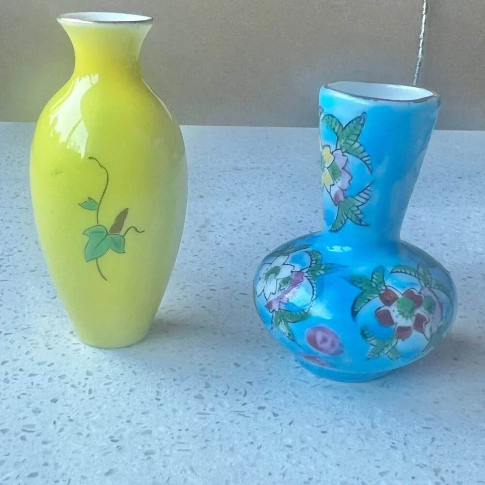Miniature Japan Porcelain Vases Set Of 2 Yellow & Blue Floral Design vintage